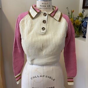 BDG Urban Outfitters Pink and Cream Button-Up Sweater